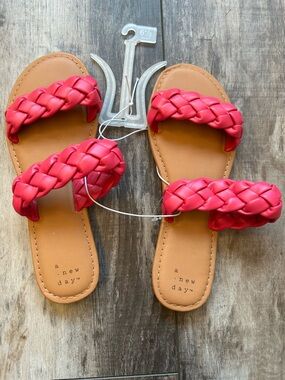 NWT-Womens size 6 1/2 ‘a new day’ Vibrant Pink Braid DoubleStrap Slide Sandals